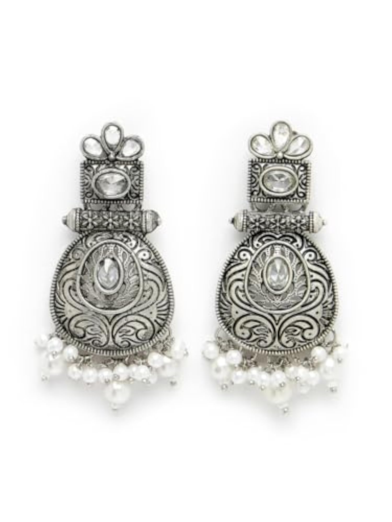 Silver-Plated Kundan Stone & Pearl Oxidised Drop Earrings
